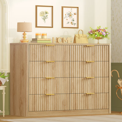 Commode 8 tiroirs 47,3 po cannelée pour chambre à coucher, commode moderne, organisateur de vêtements pour garde-robe en bois pour chambre à coucher, couloir, naturel