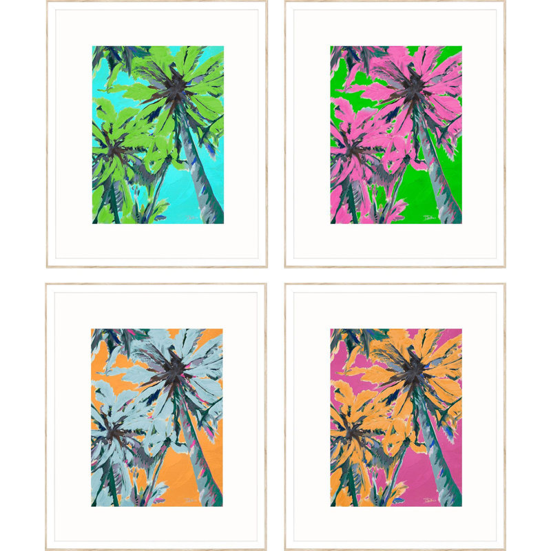 Vibrant Palm Trees Set of 4 Framed Canvas Art in Ribbed White Wood