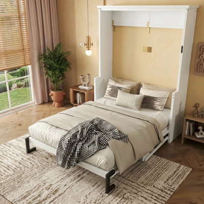 Queen Size Vertical Wood Murphy Bed Cabinet with Desk & Gas Struts, White Space Saving Hidden Wall Bed