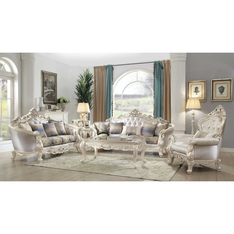 Elegant Antique White Floral Tufted Sofa with Nailhead Trim