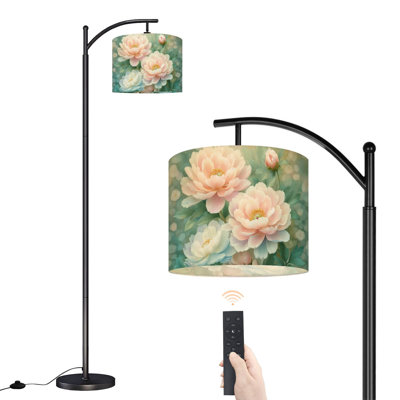 Lampe sur pied à arc avec douces pivoines pastel et fleurs à feuilles vertes avec lampes à DEL et abat-jour réglables