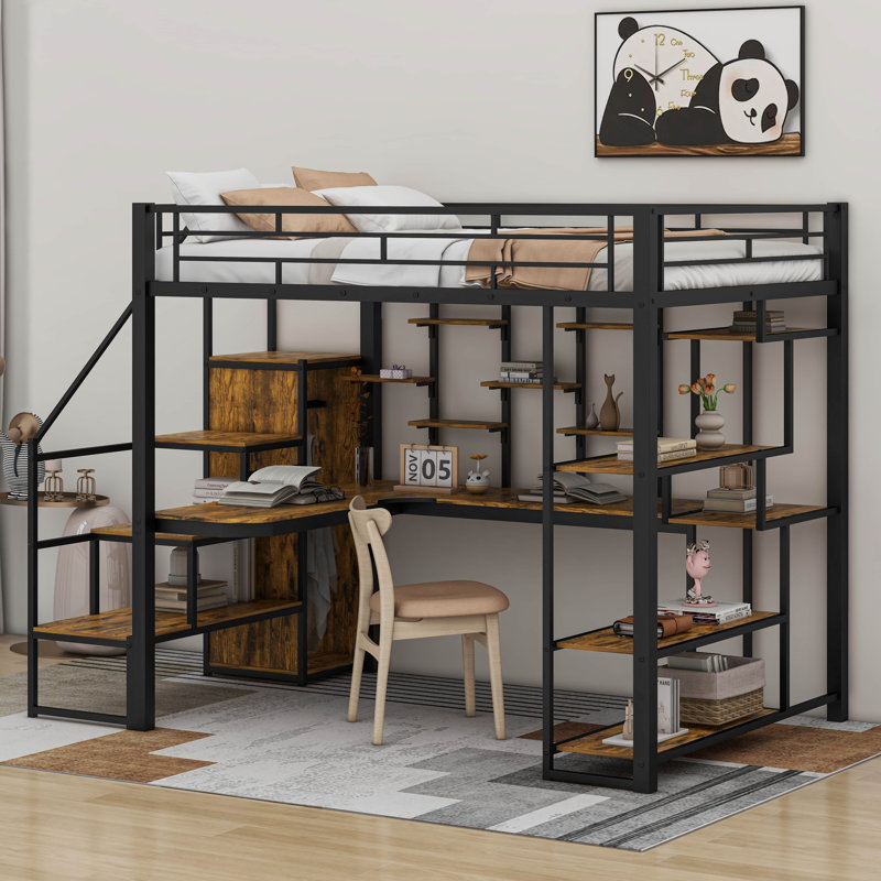 Lit mezzanine double en métal avec escalier de rangement et petite armoire, bureau intégré et tablettes de rangement, Noir