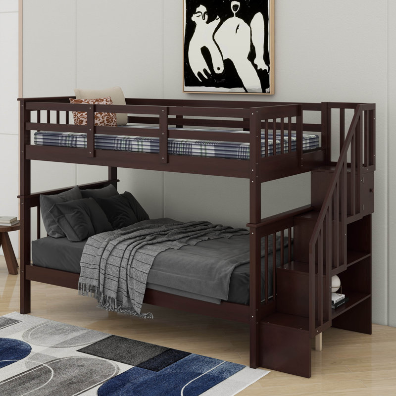 Stairway Twin-Over-Twin Bunk Bed With Guard Rail And Storage, Espresso