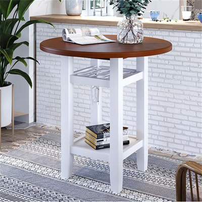 Table de salle à manger ronde à hauteur de comptoir avec tablette de rangement et support en verre, table à manger, table à manger en bois massif, style moderne, cerisier et blanc