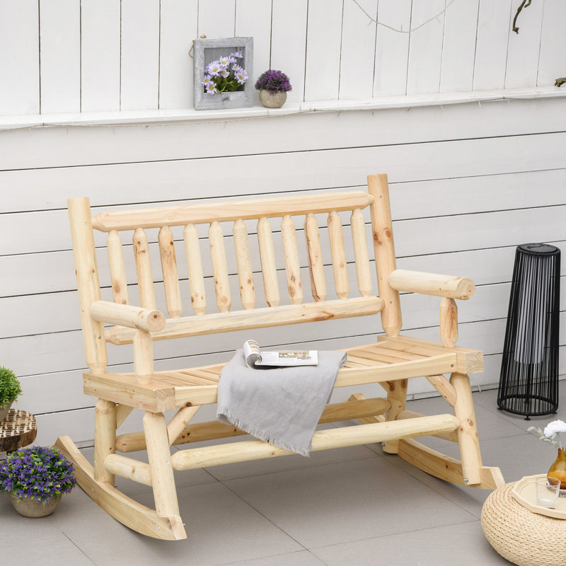Classic Log Style Rocking Chair In Wood - , Backyard, Garden, Patio, 550 Lbs Capacity, Natural, Two Person 2 With Ornament Comfortable For Backyard