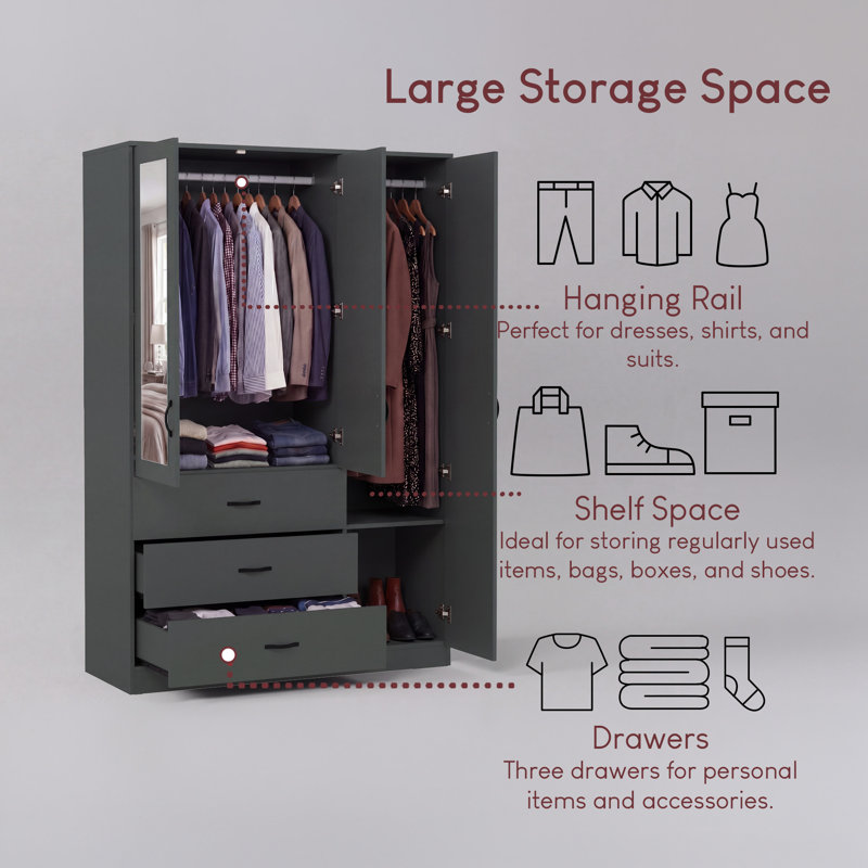 3 Door 3 Drawer Mirrored Wardrobe Spacious Bedroom Storage With Mirrors Hanging Rail And Shelves