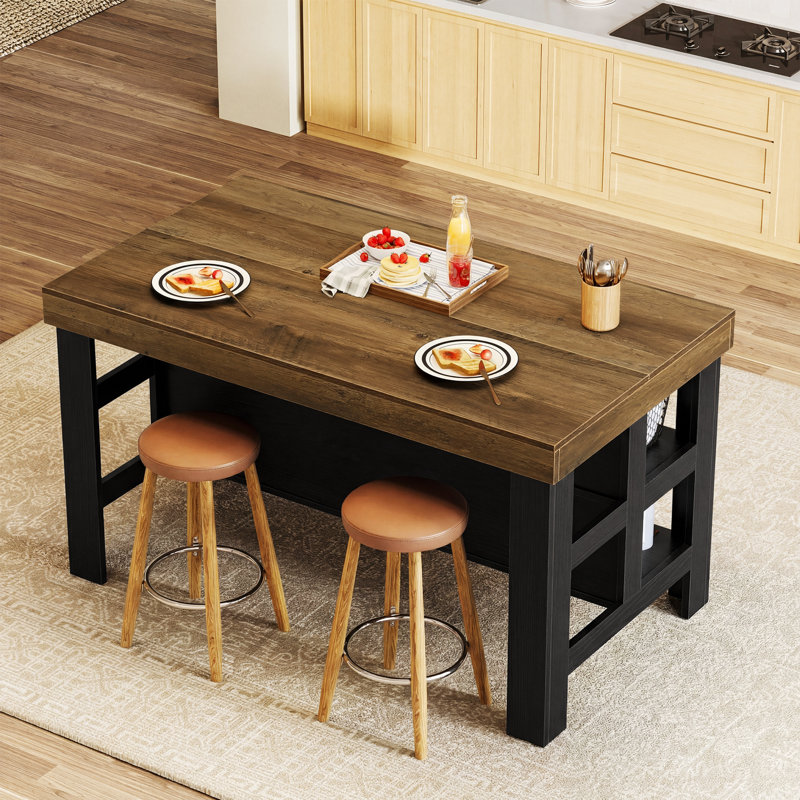 55.1" Kitchen Island Table With Storage And Seating For Kitchen Dining Room, Brown/Black