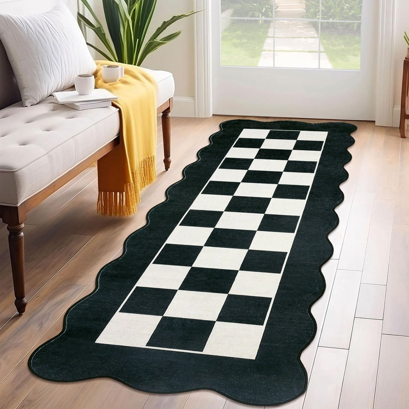Washable Scalloped Rug Modern Checkerboard Rug Non Slip, Soft Non Shedding Thin Carpet, Indoor Low Pile Foldable Carpet, Contemporary Printed Mat for Living Room Bedroom