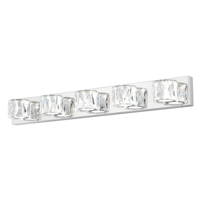 35" Modern Crystal 5-Light LED Wall Sconce – Elegant Chrome Bathroom Vanity Light With Clear Crystal Shades For Bathroom, Bedroom, Or Hallway