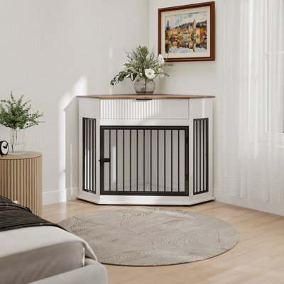 Meuble de rangement en coin pour chien de 44,6 po en MDF pour petits / moyens chiens, table de bout décorative pour chenil avec rangement cannelé et tiroir pour chien, peu encombrant et moderne (blanc)