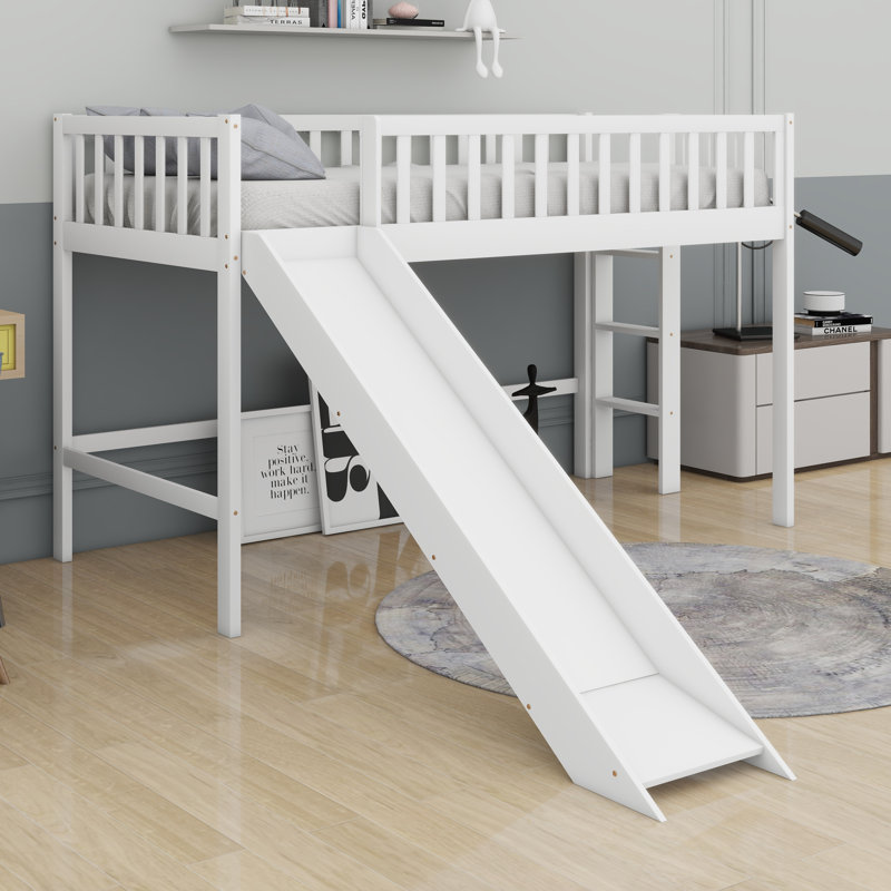 Twin Size Loft Bed With Ladder & Slide, Loftbeds With Safety Rails,Wood Twin Low Loft Bed With Storage Space, White