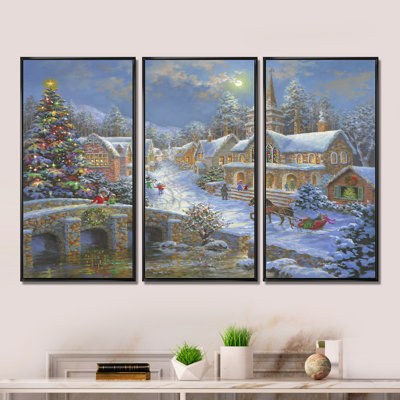 «Christmas Paradise with Church Snow and Open Sleigh», ensemble d'art mural sur toile traditionnel encadré de 3