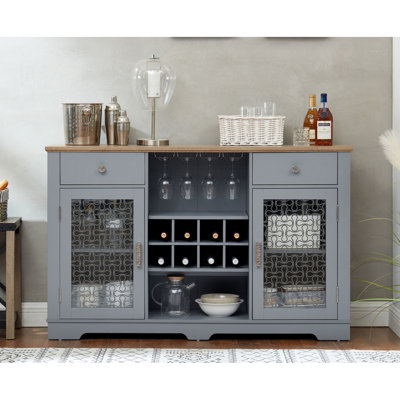 Modern Farmhouse Buffet Cabinet, Sideboard With 2 Drawers And Elegant Glass Door Cabinets, Wine And Glass Rack, Coffee Bar For Kitchen, Dining Room, A