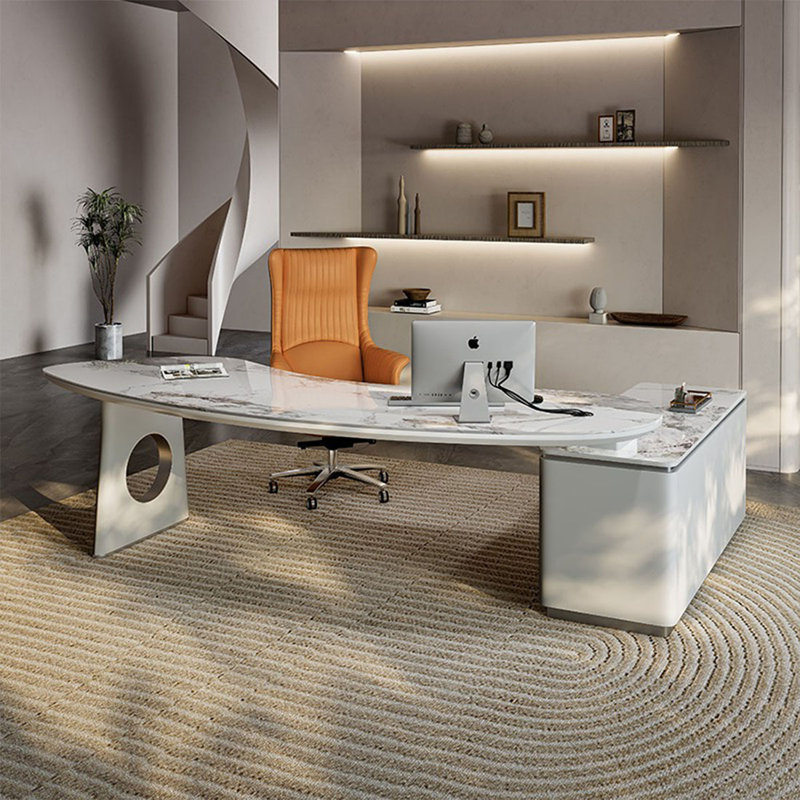 Bureau rectangulaire gris en pierre + bois massif + acier inoxydable avec 4 tiroirs