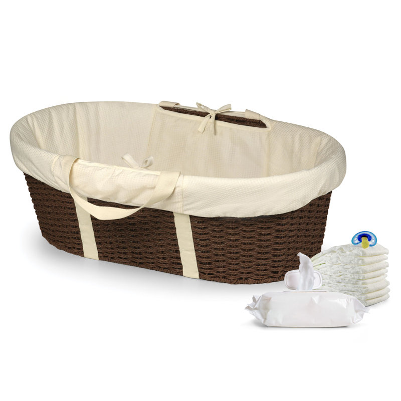 Espresso and Ecru Wicker-Look Moses Basket with Bedding