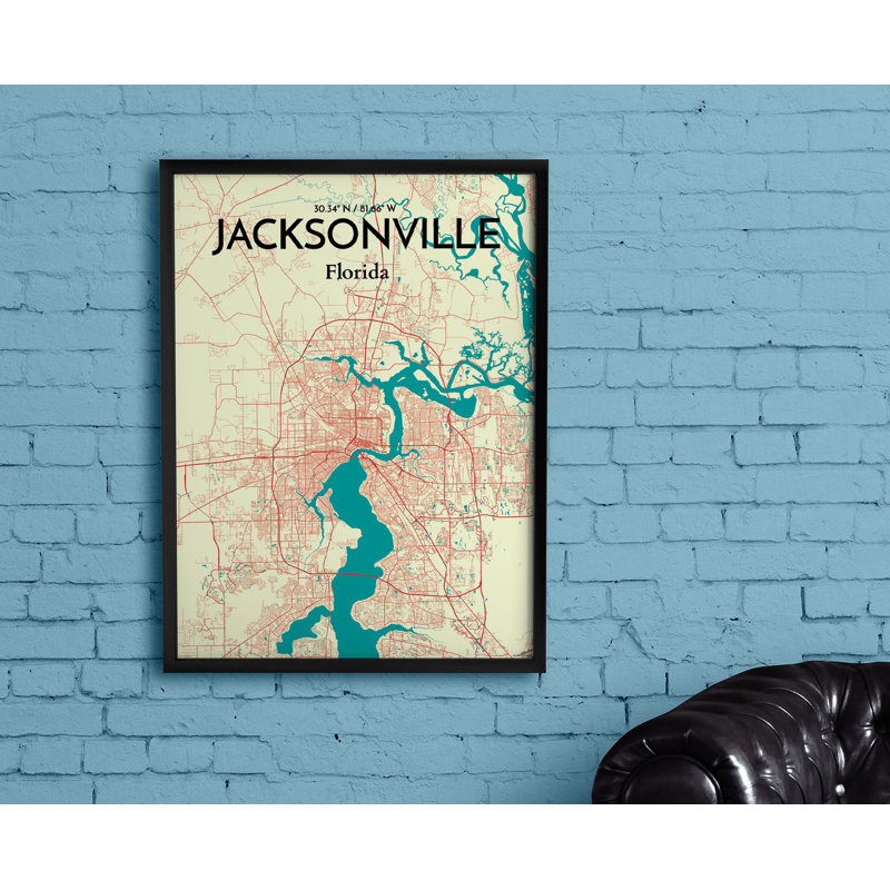Jacksonville City Map - non encadrée, impression sur papier, H 17 po x l 11 po x P 0,05 po