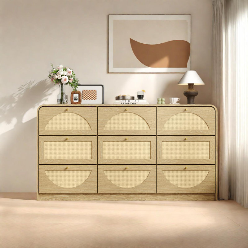 Commode de rangement à 9 tiroirs en rotin pour commode de chambre à coucher ou d'entrée, Light Brown