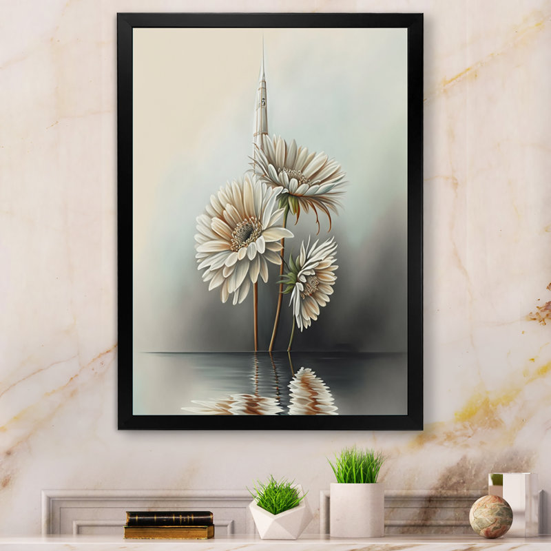 «White Gerber Flowers Hyperrealistic V», reproduction sur toile, Impression noire sur toile encadrée