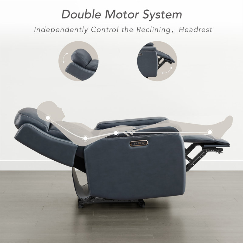 Dual Motor Genuine Leather Power Recliner with Power Headrest, Navy