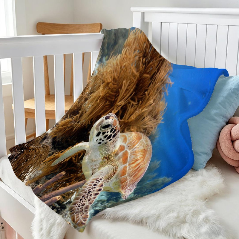 Jeté en flanelle bleue ultra douce, imprimé tortue de mer verte, Jeté 30 po x 40 po