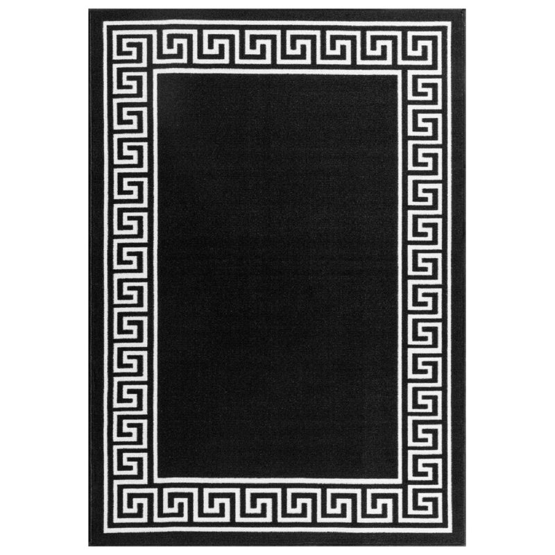 Greek-Key Black White Non-Slip Polypropylene Area Rug — Washable Door Mat & Hallway Runner for Living Room, Kitchen & Bedroom