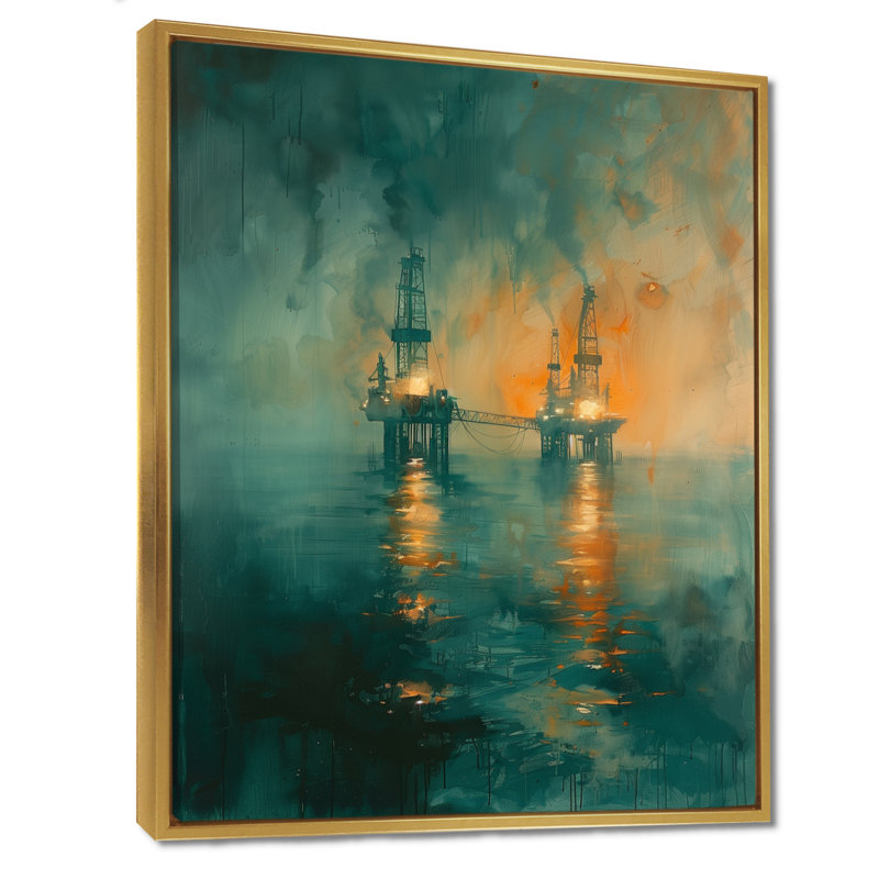 Barres de pétrole bleues et jaune dans le golfe du Mexique, Toile avec cadre flottant or, H 24 po x l 32 po x P 1 po