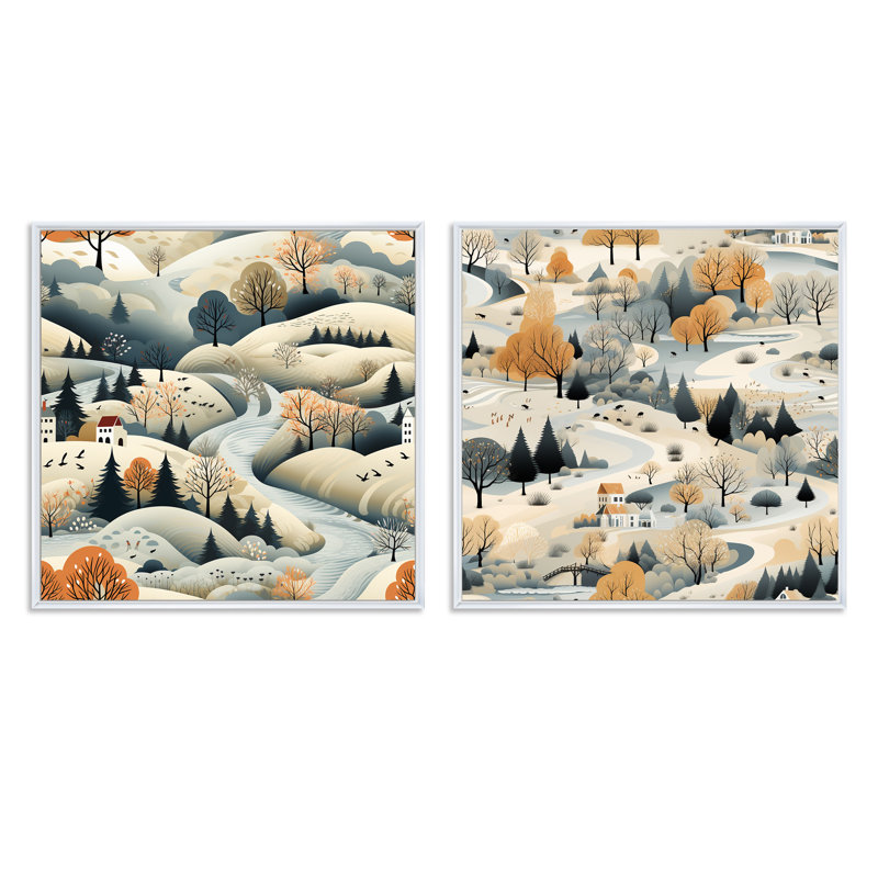 Summer Scandinavian Landscape - Ensemble de 2 collages carrés, Cadre flottant blanc, H 16 po x l 33 po