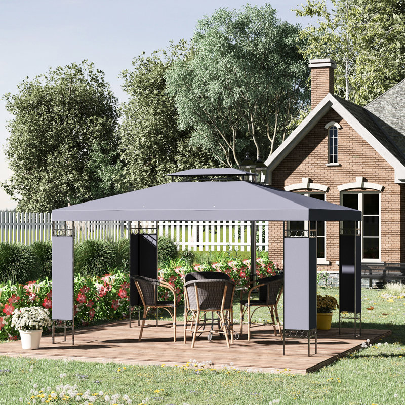 Gray Gazebo - Double Canopy Roof And Steel Frame For An Inviting Outdoor Retreat In Garden, Lawn, Backyard A Peaceful Corner