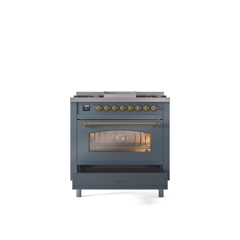 ILVE Nostalgie II 36 Dual Fuel Range, knobs, Blue Gray/Brass, Natural Gas