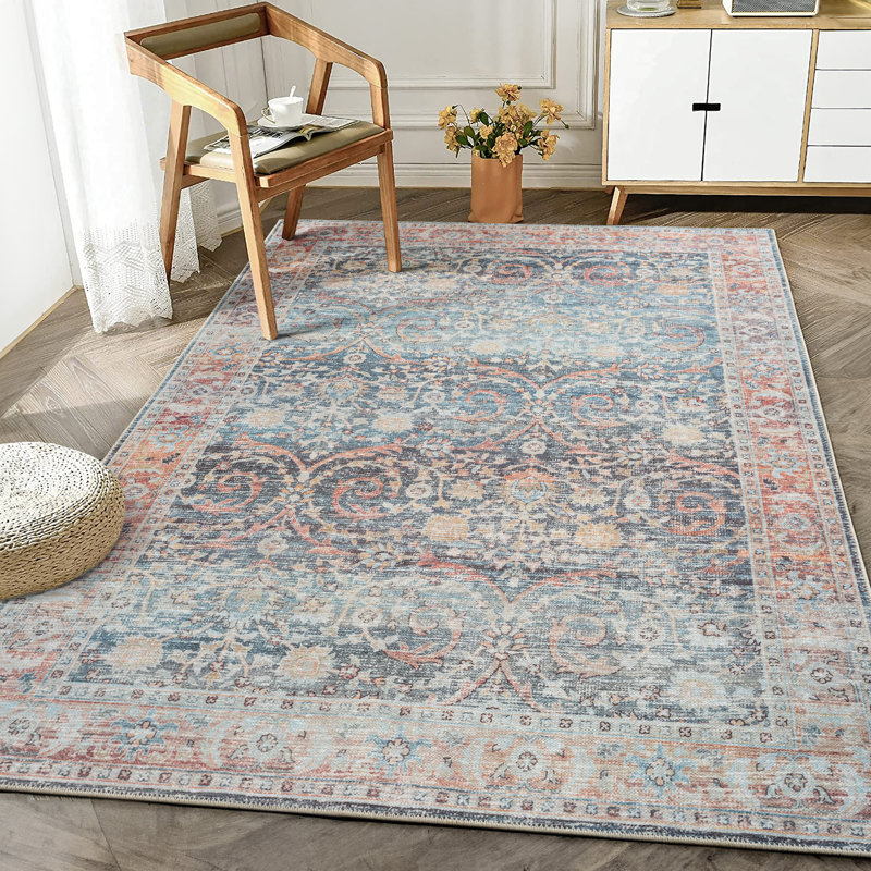Tapis traditionnel lavable antidérapant bleu océan / brique, Rectangle 9 pi x 12 pi