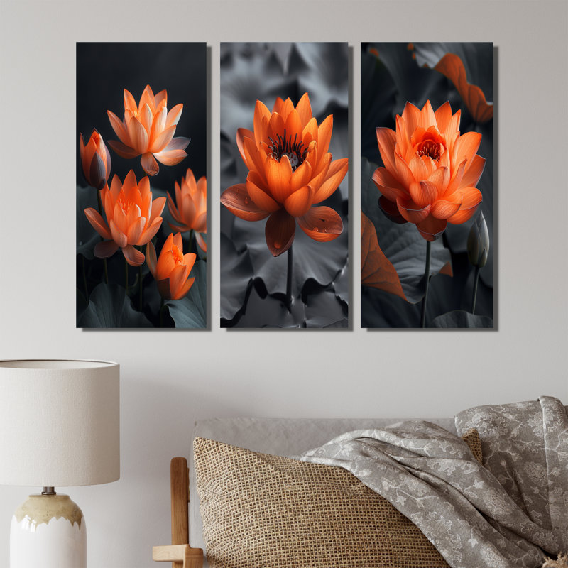 Orange orange et gris rétro, photo de lotus I - Collection d'art mural Lotus, H 28 po x l 36 po, Toile tendue