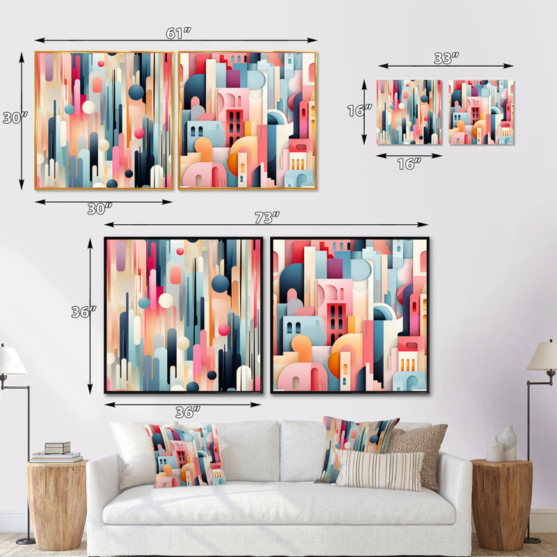 Cityscape Lines Striped Pattern - Abstract Shapes Square Collage Set Of 2, Black Floater Framed, 16" H x 33" W