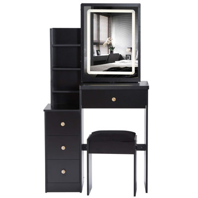 Petit meuble-lavabo de 29,2 po avec tiroir à gauche + tabouret rembourré, 2 blocs d'alimentation CA + 2 ports USB, support pour séchoir à cheveux, très grand miroir à DEL coulissant à contrôle tactile, changement de luminosité tricolore, réglage de la luminosité