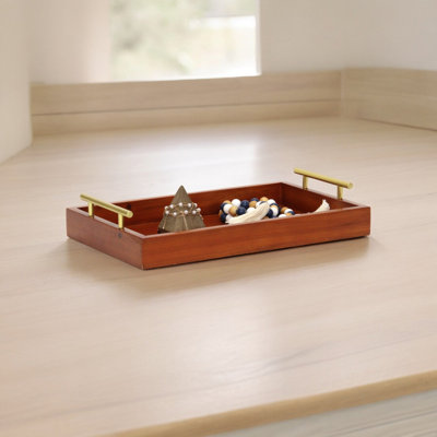 Coran Rectangular Wood Tray with Gold Metal Handles, Modern Brown Decorative Tray