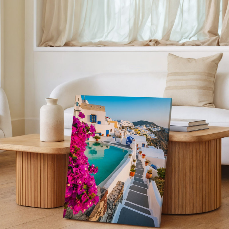 Toile, "Pittoresque scène de Santorin, Grèce", art mural sur toile turquoise, H 24 po x l 18 po