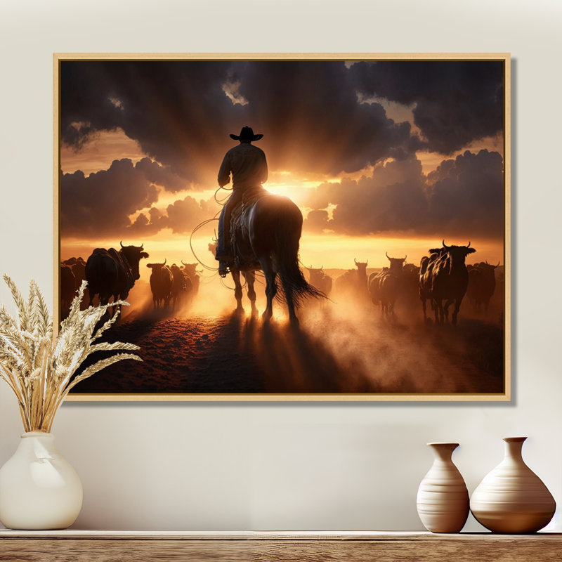 Narvin Wrangler In Sunset IV - art mural coucher de soleil, H 24 po x l 32 po x P 1 po, Maple Floater Framed