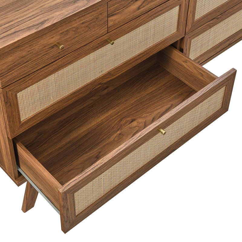Walnut Double 8-Drawer Dresser with Rattan Weave