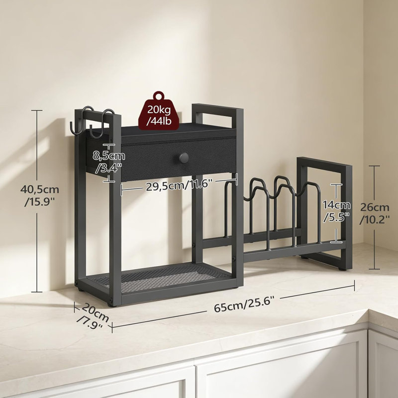 Étagère de comptoir, support pour casseroles et poêles, support pour couvercle de casserole avec 1 tiroir, support pour couvercle de casserole avec 2 crochets, pour la cuisine, la salle à manger