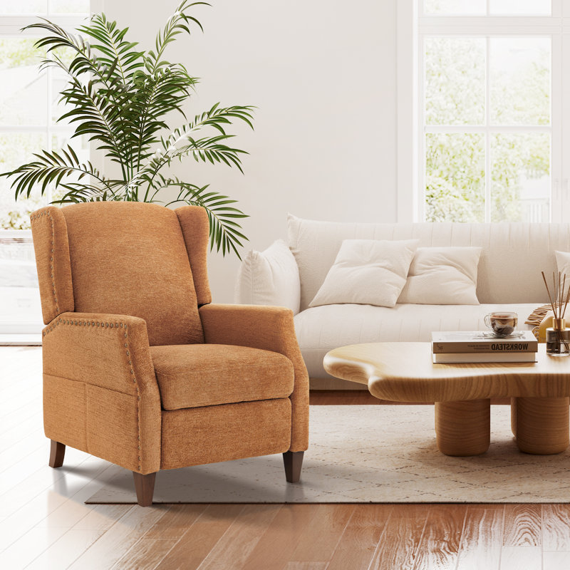 Push-Back Armchair with Storage Pockets - Nail-Head Trim & Wingback Design, Orange Chenille
