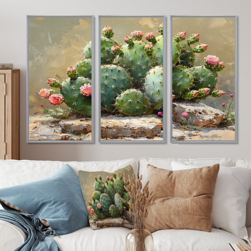 Shoshana - Ensemble de décoration murale cactus floral, Encadrement argenté, H 28 po x l 36 po