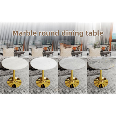 Mid-Century Modern Round White-Veined Marble Coffee Table, Perfect For Small Spaces And 2-4 Person Dining
