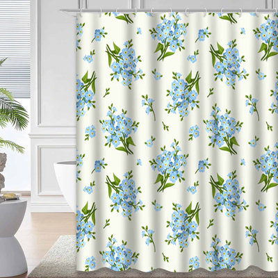 Rideau de douche à fleurs bleues à motif floral ivoire avec 12 crochets