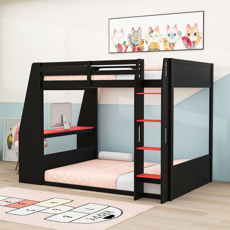 Lit superposé en bois Gamer avec bureau intégré, éclairage USB et DEL, Lit superposé double sur double, Noir rouge