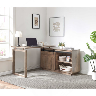 Crédence de rangement en L pour bureau à domicile avec bureau et porte de grange coulissante
