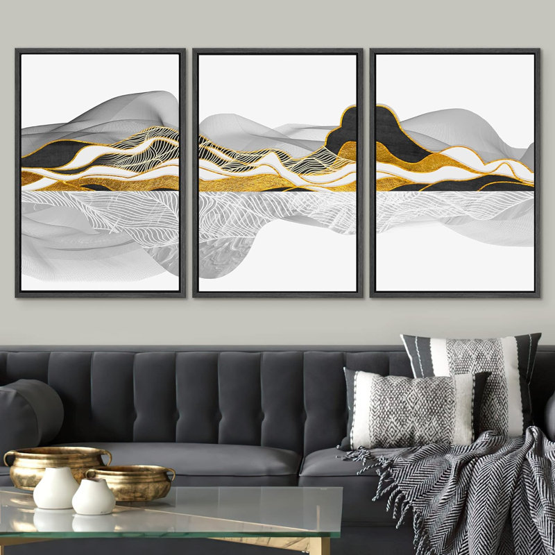 Abstract Mountain " Gold Marble Wave Mountain Range Landscape Illustration Modern Art Decor Nordic Calm Zen " 3 Piece Art Print