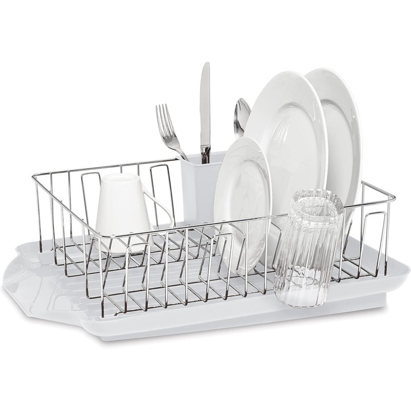 Lassic Rust Resistant Full Dishrack With Removable 3 Compartment Flatware Caddy Andlged Drain Board 3 Piece