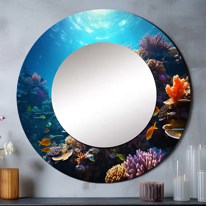 Coral Seascape IV - miroir unique côtier, grand miroir mural rond turquoise, impression d'art en métal, 23 po x 23 po