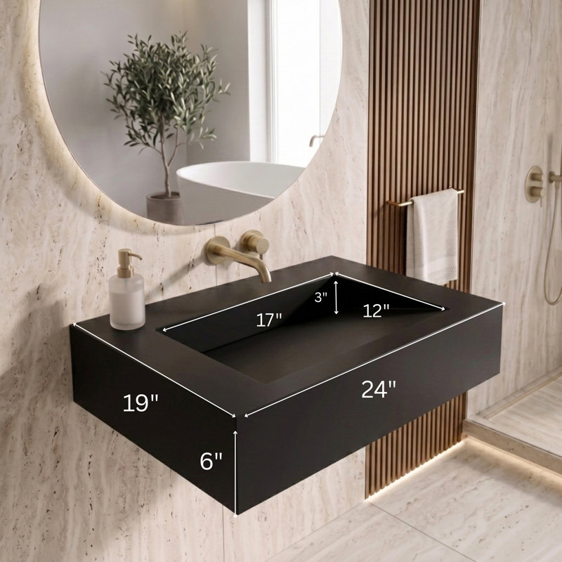 Pyramid 24" Wall-Mounted Modern Bathroom Sink with Ramp Basin - Black, No Faucet Hole, No Hole , Black