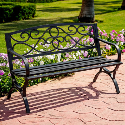 Outdoor Park Bench, Freestanding Metal Frame Patio Park Bench with Floral Pattern Backrest, Weather Resistant