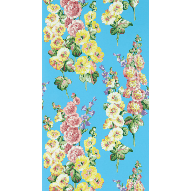 Hollyhocks Wallpaper, Fire Pink/Bright Blue